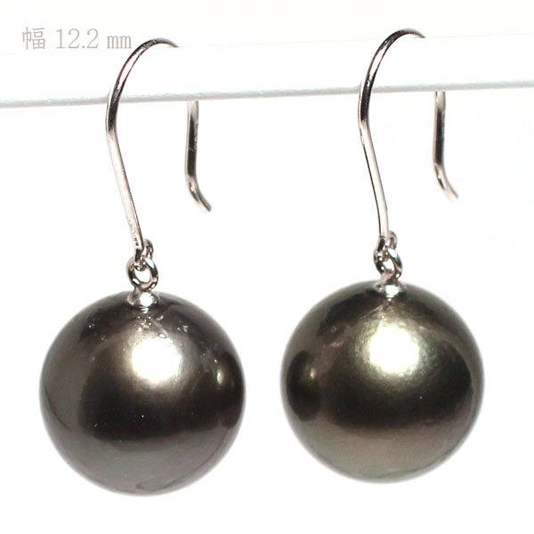 黒蝶真珠ピアス1.2cm 保証書有り ピアス グレー色のブラックパールフックピアス 黒蝶真珠12.2mm