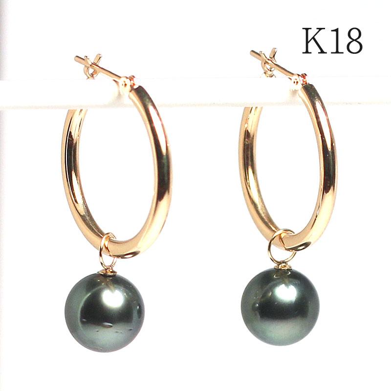 ピアス K18フープピアス外径2cm幅2mm K18金チャーム付黒蝶真珠8.5mm