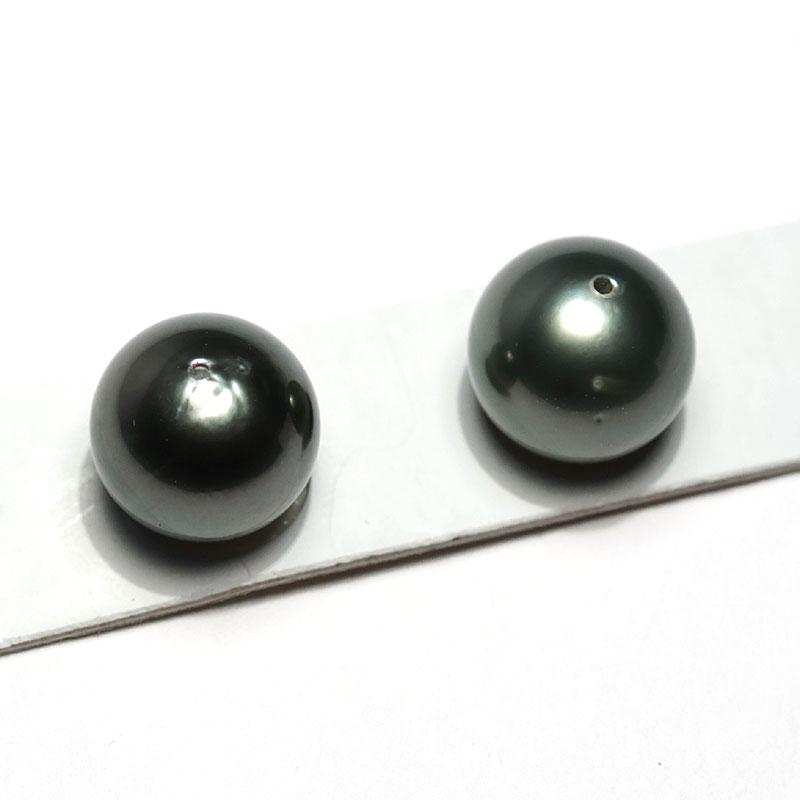 宝石ルース ブラックパールルース黒蝶真珠2珠 幅9.5mｍ 片穴あき ラウンド形 グリーン系グレイ色_3