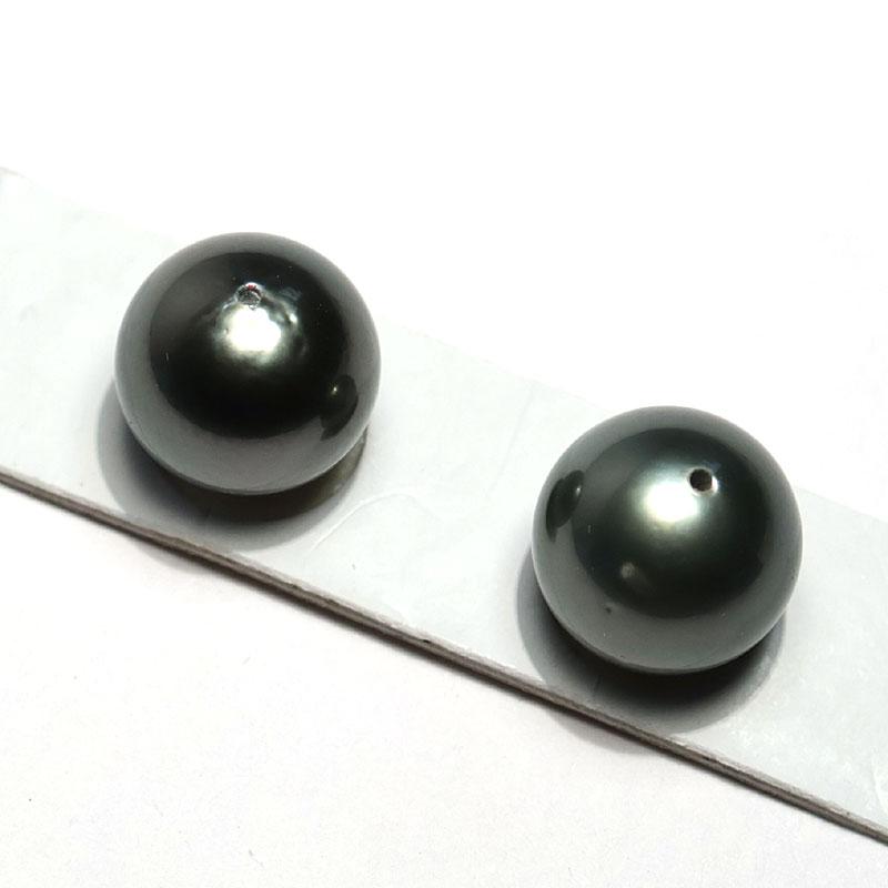 宝石ルース ブラックパールルース黒蝶真珠2珠 幅9.5mｍ 片穴あき ラウンド形 グリーン系グレイ色_4