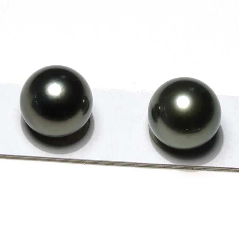 宝石ルース ブラックパールルース黒蝶真珠2珠 幅9.5mｍ 片穴あき ラウンド形 グリーン系グレイ色_5