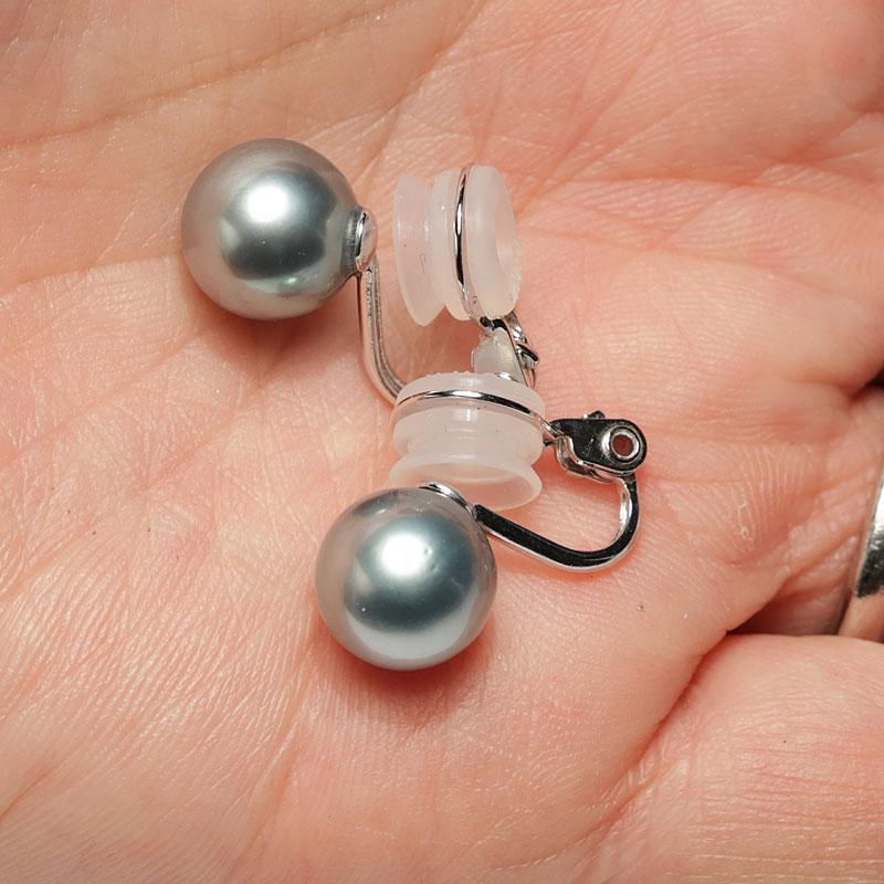 イヤリング タヒチ黒蝶真珠幅9.5mm 青色がかったグレー色が上品 定番 