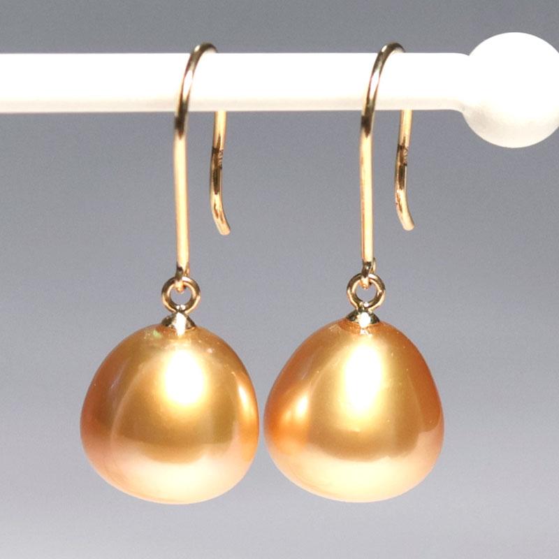 ピアス ゴールドパールフックピアス 白蝶真珠幅10.4mm イエロー