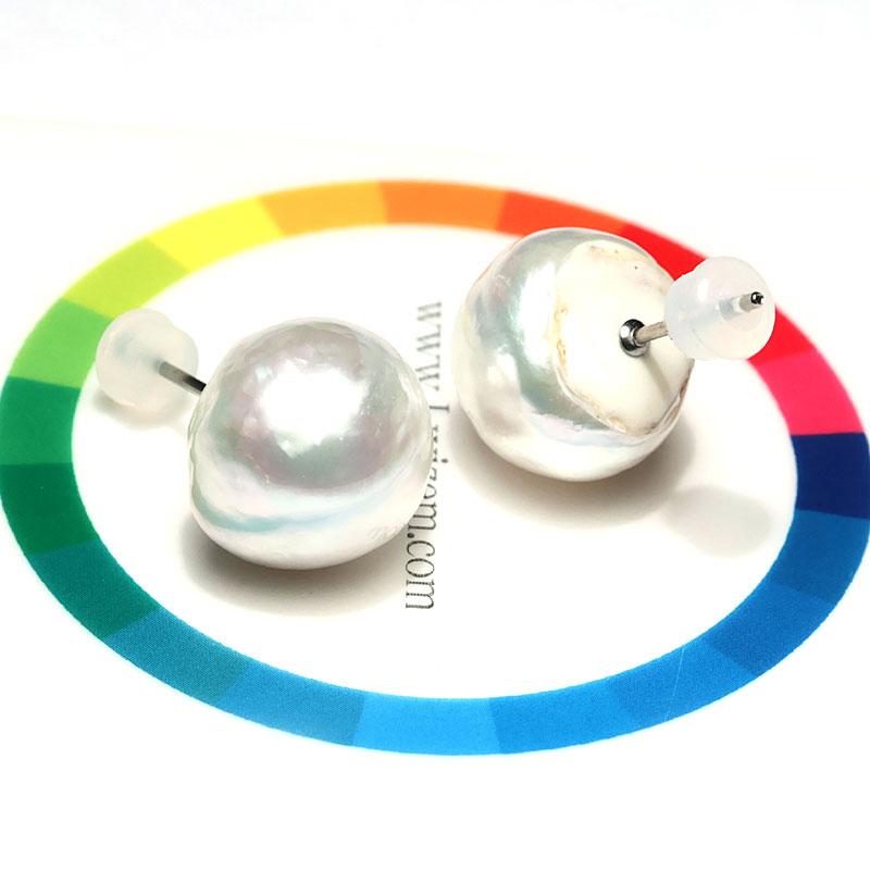 ピアス 白蝶真珠 約13mm×14mm バロック形 スタッド直結ピアス チタン製 