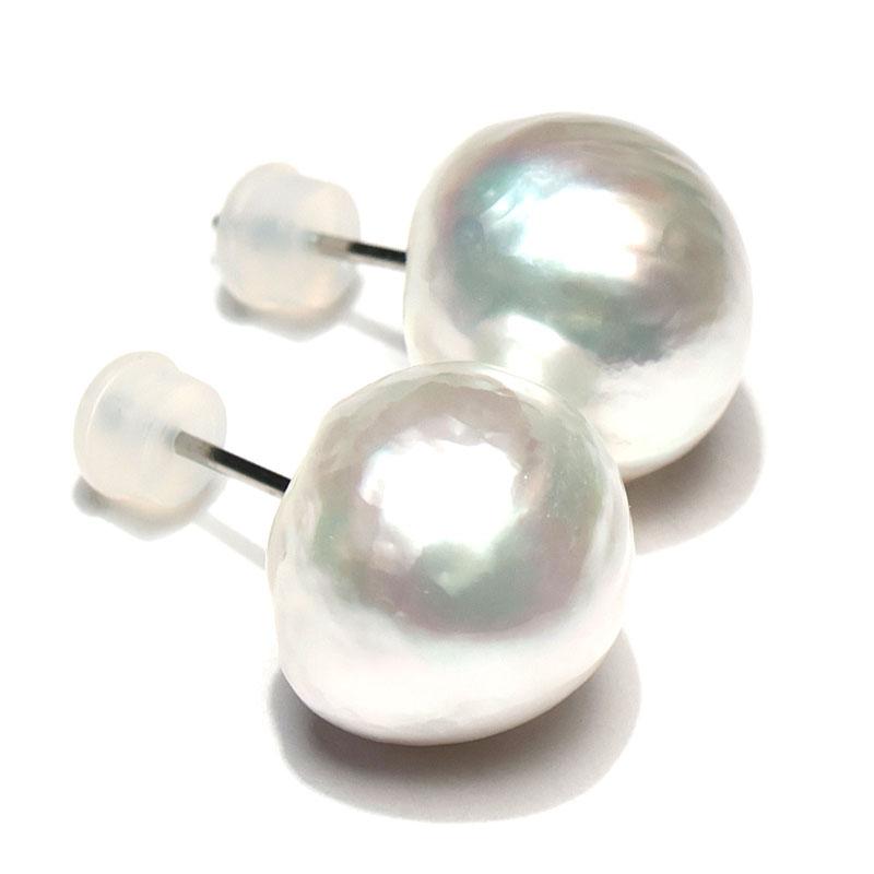ピアス 白蝶真珠バロック形約13mm×14mm スタッド直結ピアス チタン製 