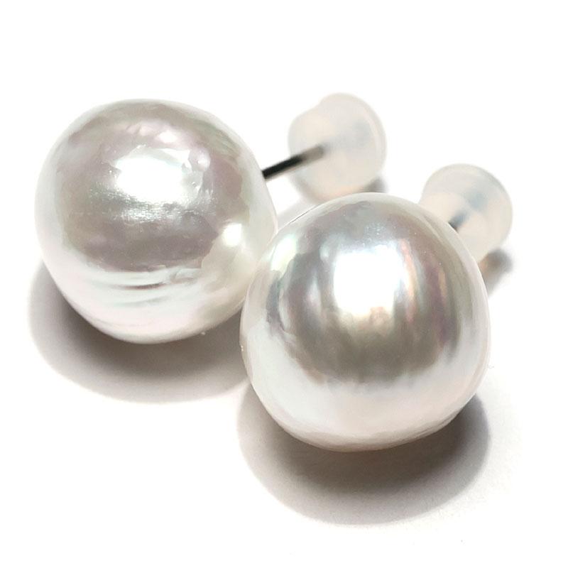 ピアス 白蝶真珠 約13mm×14mm バロック形 スタッド直結ピアス チタン製 