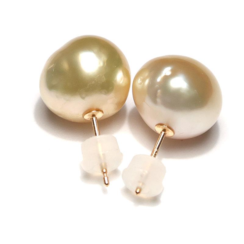 ピアス ゴールドパールピアス 白蝶真珠 バロック形幅11.5mm×12.1mm 