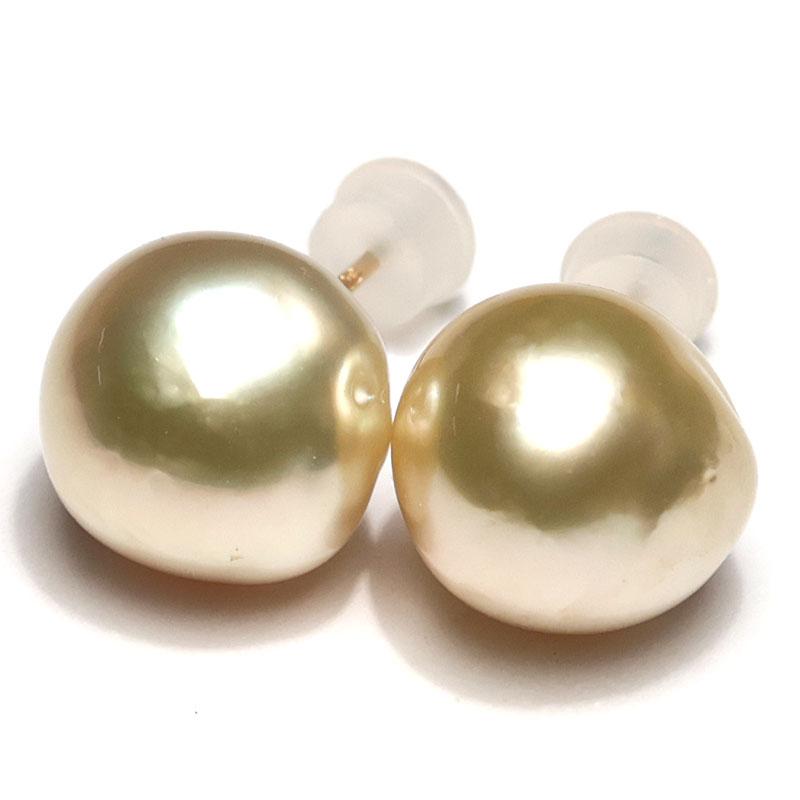 ピアス ゴールドパールピアス 白蝶真珠 バロック形幅11.5mm×12.1mm 