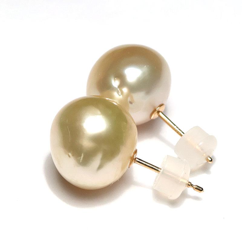 ピアス ゴールドパールピアス 白蝶真珠 幅10.1mmバロック形 スタッド