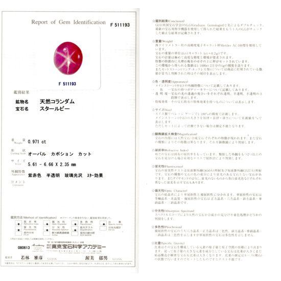 宝石ルース 裸石 スタールビー0.971ct 6条のスターがはっきり 6.6mm×5.6m×2.3mm鑑別書付属 |  | 04
