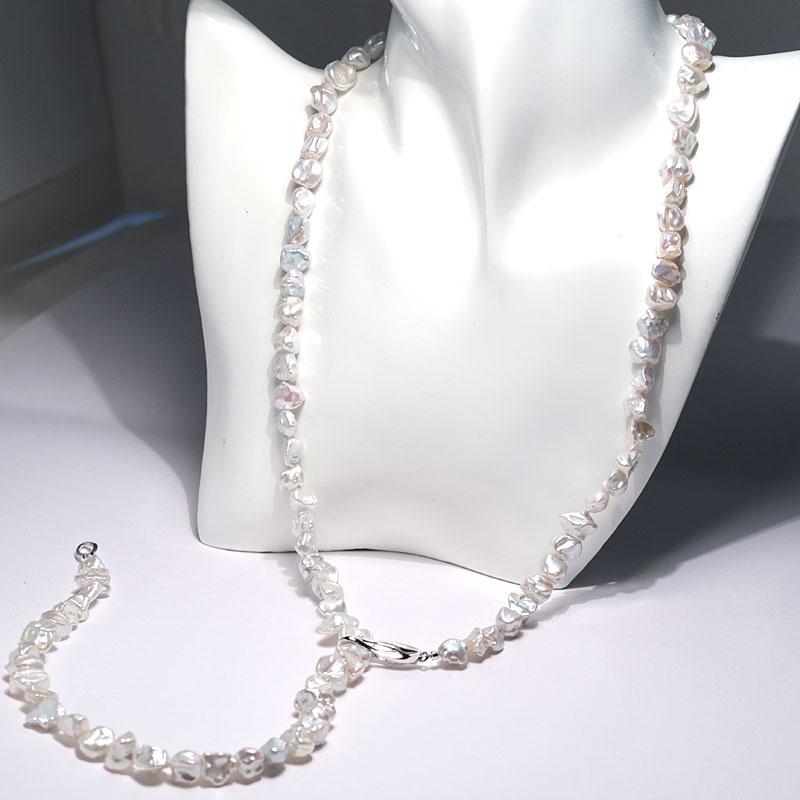 ネックレス 約79cm 淡水パールロングネックレス 幅約8mm ケシ形 青色を