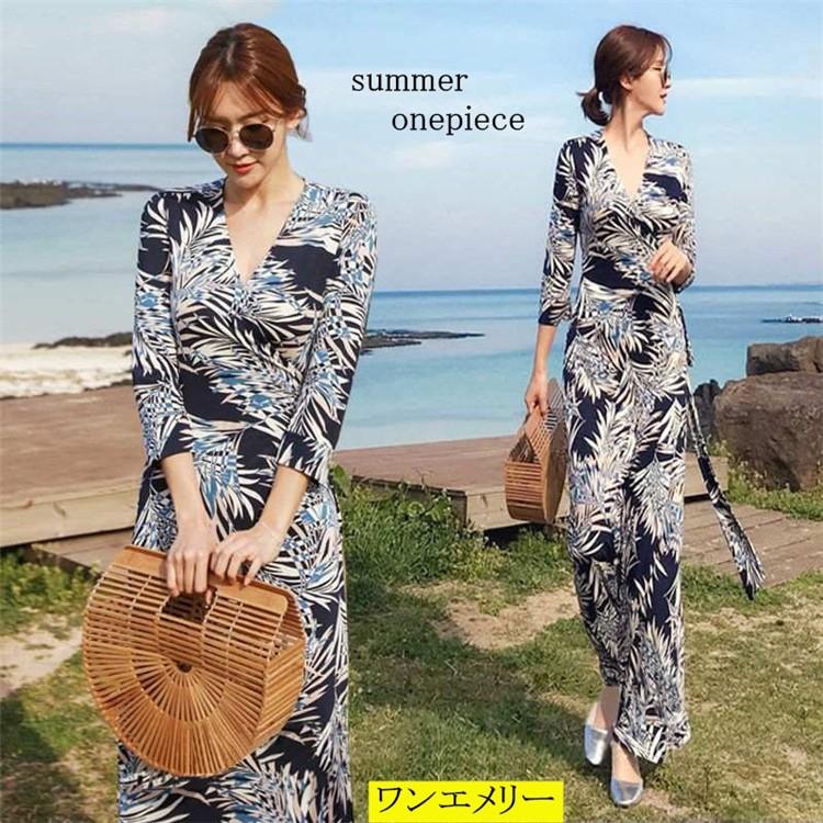 マキシワンピース 七分袖 カシュクール Vネック リボン ボタニカル柄 ハワイアン レディース リゾート ビーチワンピース ロング Wop050 ワンエメリー 通販 Yahoo ショッピング