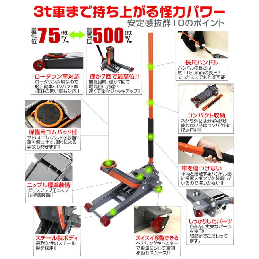 ガレージジャッキ 3t フロアジャッキ 3トン 油圧 低床ジャッキ デュアルポ ンプ式 ローダウン車対応 最低位 75mm 車修理 グレー|wm-world|03