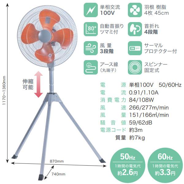 ナカトミ NAKATOMI 45cm 全閉式スタンド扇 OPF-45SZ 折り畳み三脚式 工業扇 業務用 扇風機 【個人宅配送不可】｜wno｜02