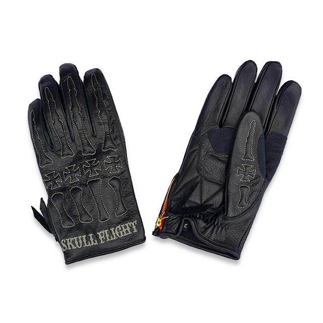 SKULL FLIGHT レザー バイカー手袋 黒 全14色【SKULL FLIGHT/スカルフライト】「Bone Glove/ボーングローブ