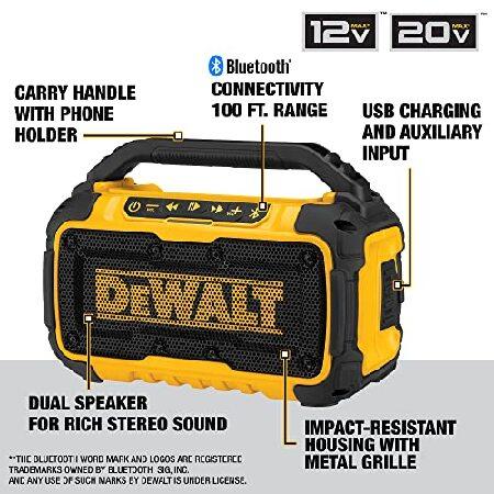 DEWALT　20V　MAX　with　ft　Single　Bluetooth　Range,　Yellow　Lasts　Durable　100　8-10　Hours　Speaker,　for　(DCR010),　Holder　Jobsites,　Phone　Included,　Blac　Charge
