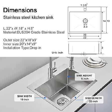 TSIBOMU　22&quot;　Kitchen　Steel　Topmount　Sink　Gauge　Kitchen　in,　18&quot;　Sink　Single　22&quot;　18　Sink　Drop　x　(Brushed)　Bowl　Stainless