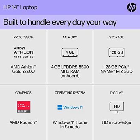 HP 14 inch Laptop, HD Display, AMD Athlon Gold 7220U, 4 GB RAM, 128 GB SSD, AMD Radeon Graphics, Windows 11 Home in S Mode, 14-em0010nr (2023),Silver｜wolrd｜02