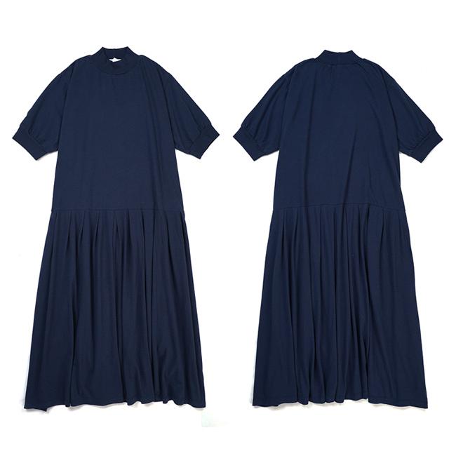 【美品】ホームスパン　homspun　天竺　ハイネック　半袖ワンピース　ネイビー homspun（ホームスパン） 30/1天竺 ハイネック半袖ワンピース 6368