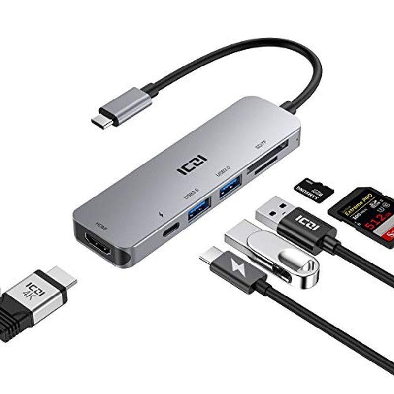 ICZI Mini USB C ハブ Aluminum 6-in-1 4K HDMI PD電力供給 100W USB 3.0 5Gbps S カードリーダー、ライター