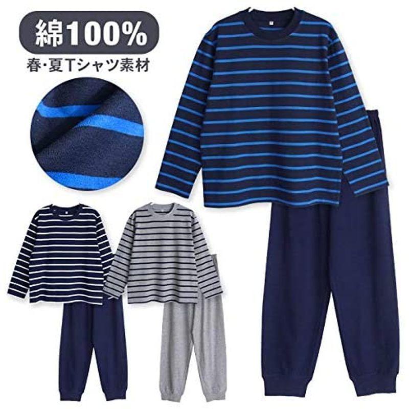 ノーブランド品 綿100 長袖 メンズ パジャマ 春 夏 Tシャツ素材 ルームウェア ボーダー Llサイズ ネイビー ホワイト 品多く
