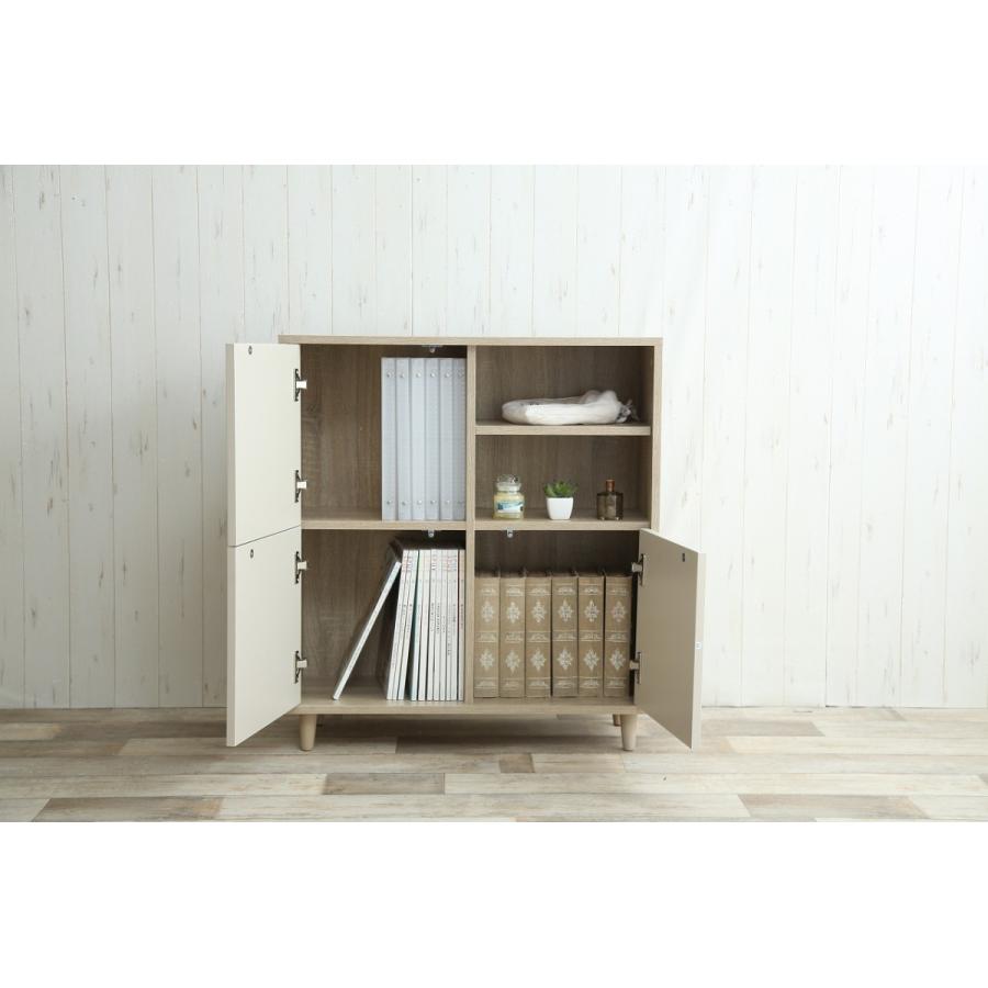 キャビネット リビング収納 3枚扉 プッシュ式扉 幅74 高さ81 フラット