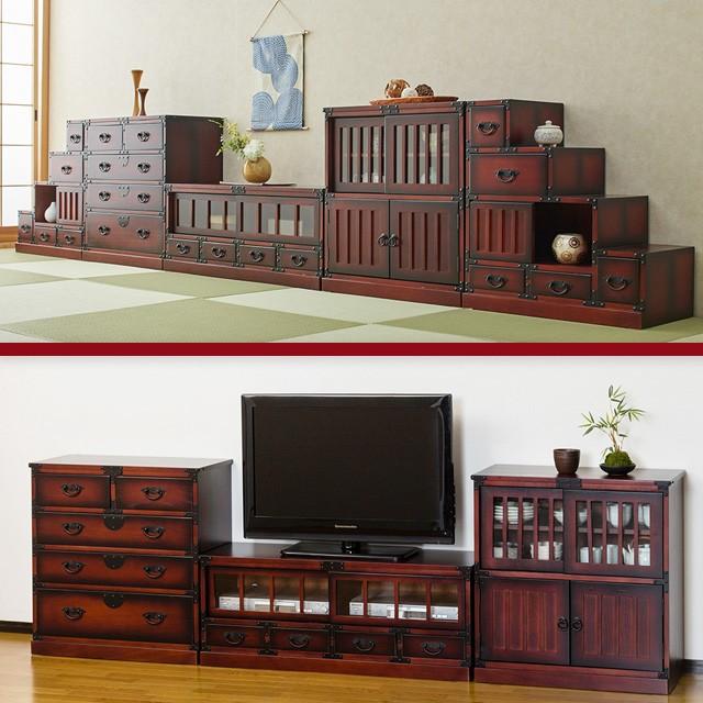 ◇アンティーク家具◇民芸家具◇ローボード◇木製家具◇ テレビ台 民芸調 ローボード 幅100 引出し4杯 ガラス引き戸 裏面コード