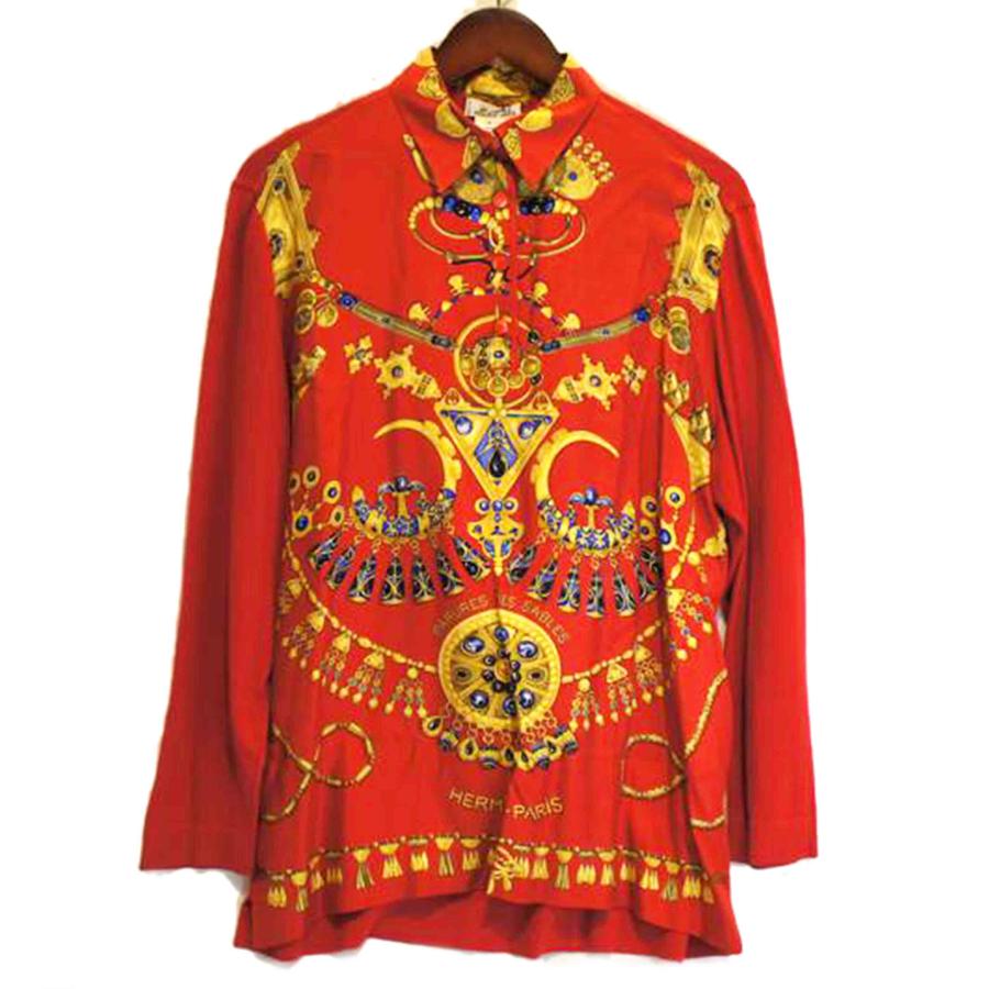 【未使用品】HERMES エルメス シルクスカーフカシミヤニットM レッド HERMES エルメス/シルクスカーフカシミヤニット切替シャツレッド