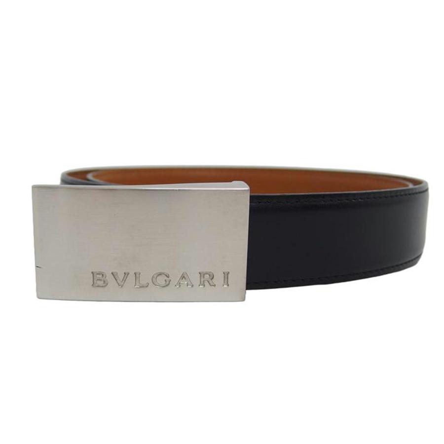 BVLGARI ブルガリ レザーベルト ブラック×キャメル/スクエアロゴバックル/シルバー金具/リバーシブルレザーベルト/ブランドバック/Aランク/04【中古】 BVLGARI（ブルガリ） レザーベルト ブラック×キャメル/スクエアロゴ