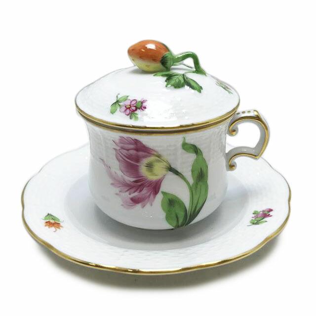 ヘレンド蓋付 クリームカップと小皿キティピンク