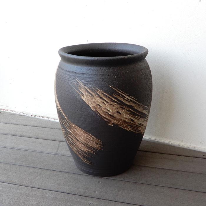 信楽焼 灰釉刷毛目 傘立 傘立て 陶器 直径33×高さ43cm 壺型 傘立て