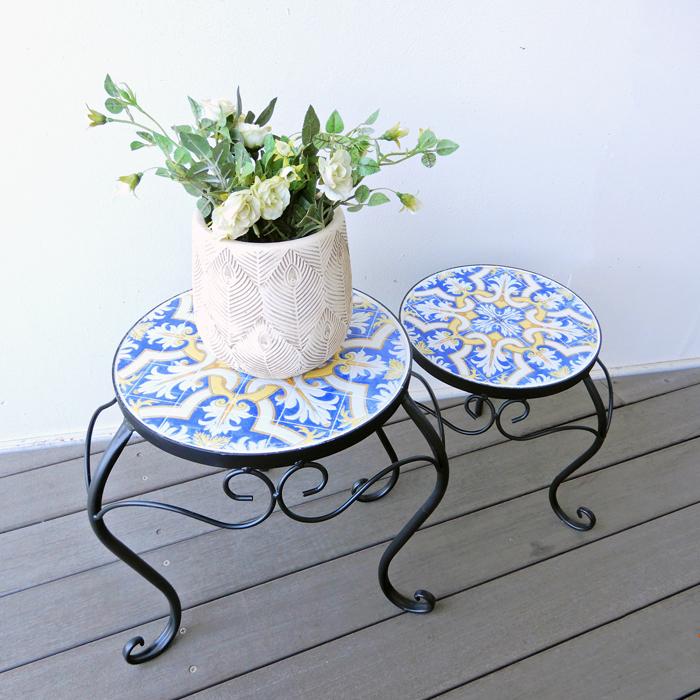 アイアン製モザイクタイル2段プランターラック アイアンシェルフ