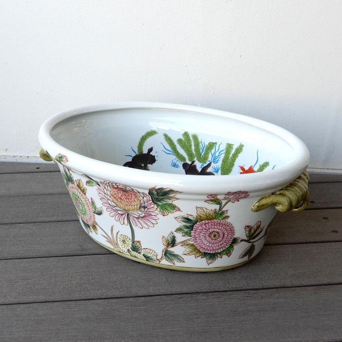 染陶器 楕円魚缶 17.5インチ 水鉢 睡蓮鉢 水盤 すいれん鉢 メダカ鉢