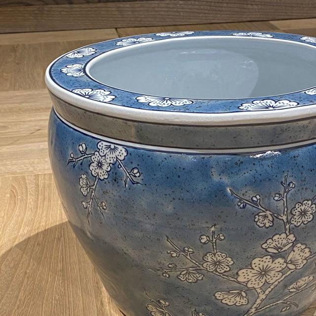 水鉢 睡蓮鉢 陶器 めだか鉢 ハス鉢 青花丸大魚缶 白梅 中 10号