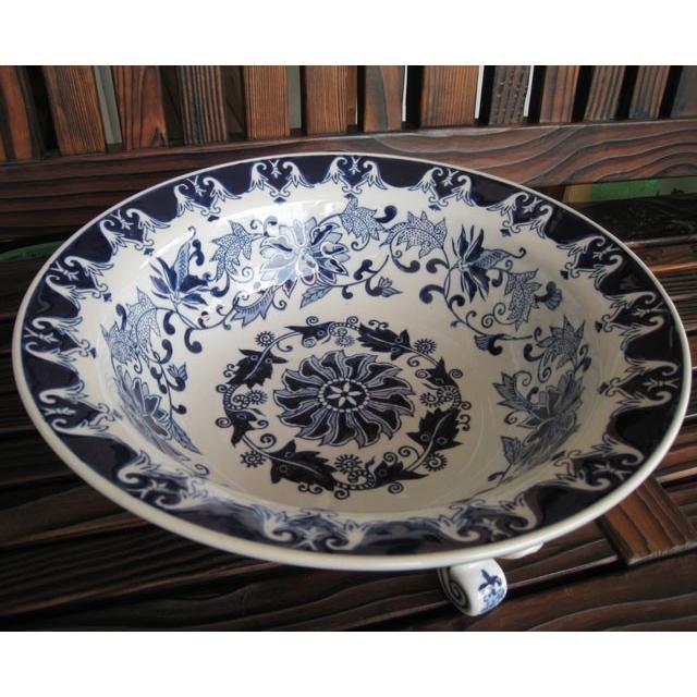 三脚口広水盤 藍花 陶器鉢 水鉢 睡蓮鉢 和モダン アジアン ビオトープ