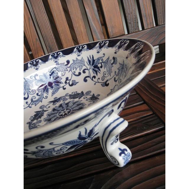 三脚口広水盤 藍花 陶器鉢 水鉢 睡蓮鉢 和モダン アジアン ビオトープ