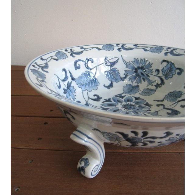 三脚口広水盤 コバルト花 陶器鉢 水鉢 睡蓮鉢 和モダン アジアン