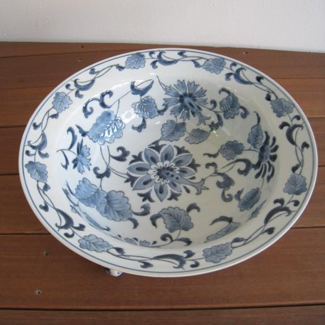 三脚口広水盤 コバルト花 陶器鉢 水鉢 睡蓮鉢 和モダン アジアン