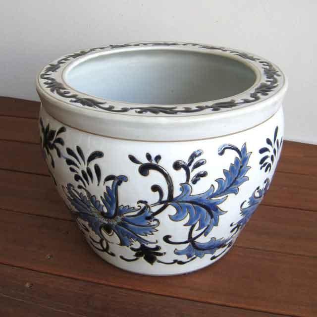 水鉢 睡蓮鉢 陶器 めだか鉢 ハス鉢 青花丸大魚缶 草花 中 10号