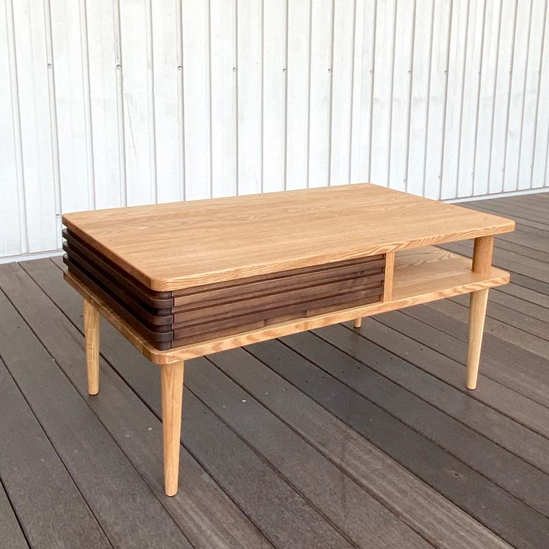 コーヒーテーブル センターテーブル リビングテーブル 木製テーブル おしゃれ ウォールナット タモ 木製テーブル 収納付き 両面引出 | 