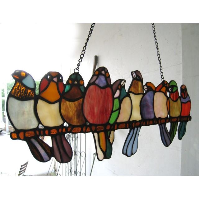 ステンドガラス 飾り枝に並ぶ鳥 小鳥 鳥 壁掛小物 玄関 壁掛 おしゃれ