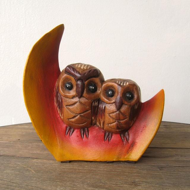 ふくろう フクロウ 親子 三日月 置物 木彫り 木製 おしゃれ インテリア