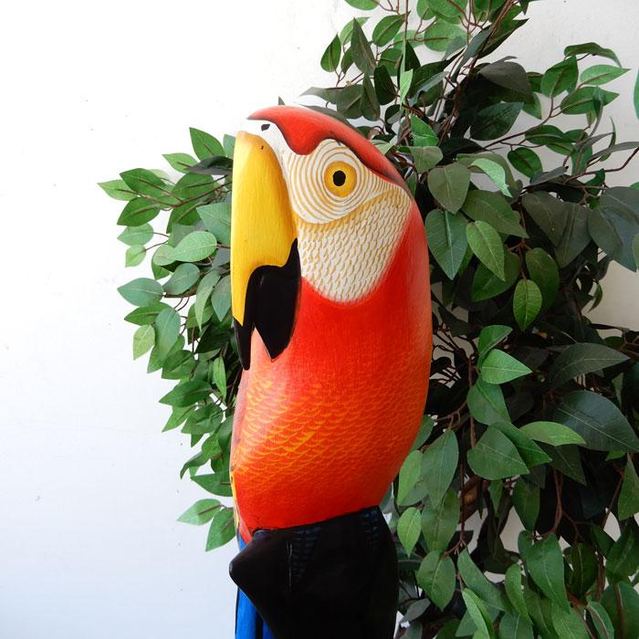 木彫りオウムLレッド オウム parrot パロット スタンドウッド wood