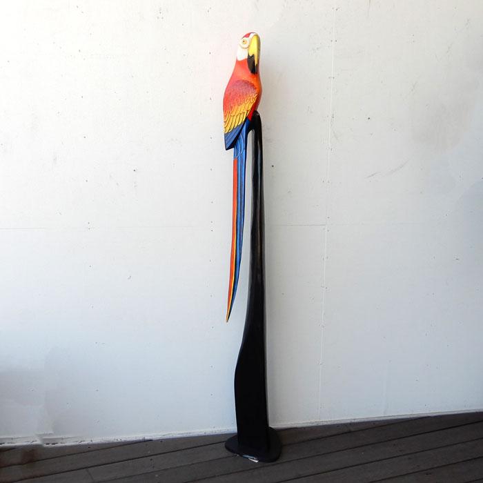 木彫りオウムLレッド オウム parrot パロット スタンドウッド wood
