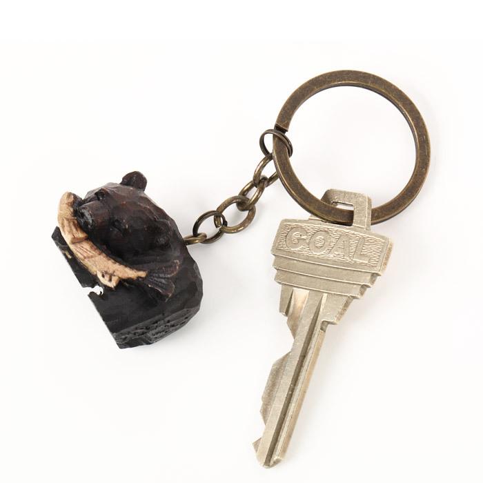 木彫りの熊 EZO BEAR BARKS 鮭喰い熊 キーホルダー 手彫り