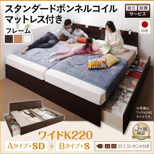 (タイムセール中) 組立設置付 ワイドキングベッド 連結ベッド マットレス付き スタンダードボンネルコイル B(S)+A(SD)タイプ ワイドキング220(S+SD)
