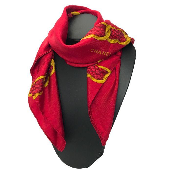 【CHANEL】 シルク　スカーフ レッド 中古・古着通販】CHANEL (シャネル) シルクスカーフ レッド