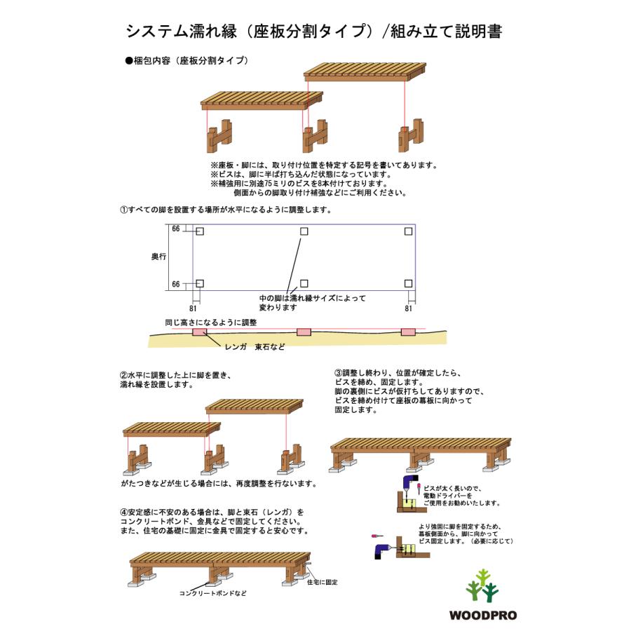 濡れ縁（ぬれえん）/板幅65ｍｍ◇国産杉 【アマンダ】 間口1640ｍｍ×奥行510〜600ｍｍ×高さ436ｍｍ ※座板２分割　脚３組（６本）【脚部は板２枚重ねに仕様変更しました】
