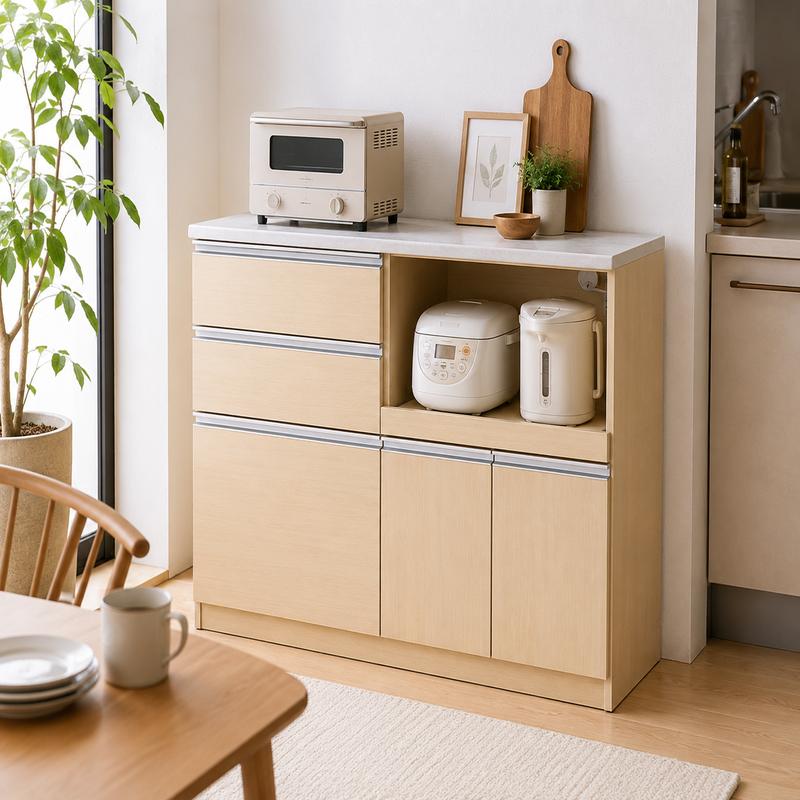 キッチンカウンター 幅120cm 大理石調 完成品 食器棚 レンジ台 コンセント付き 北欧 日本製 大川家具_4
