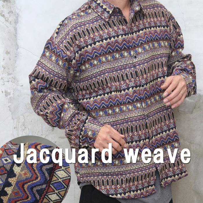 ジャガード織総柄シャツ メンズ ジャガードシャツ シャツ 長袖シャツ